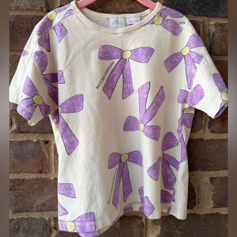 Zara Kids Cream and Purple Bow Tee